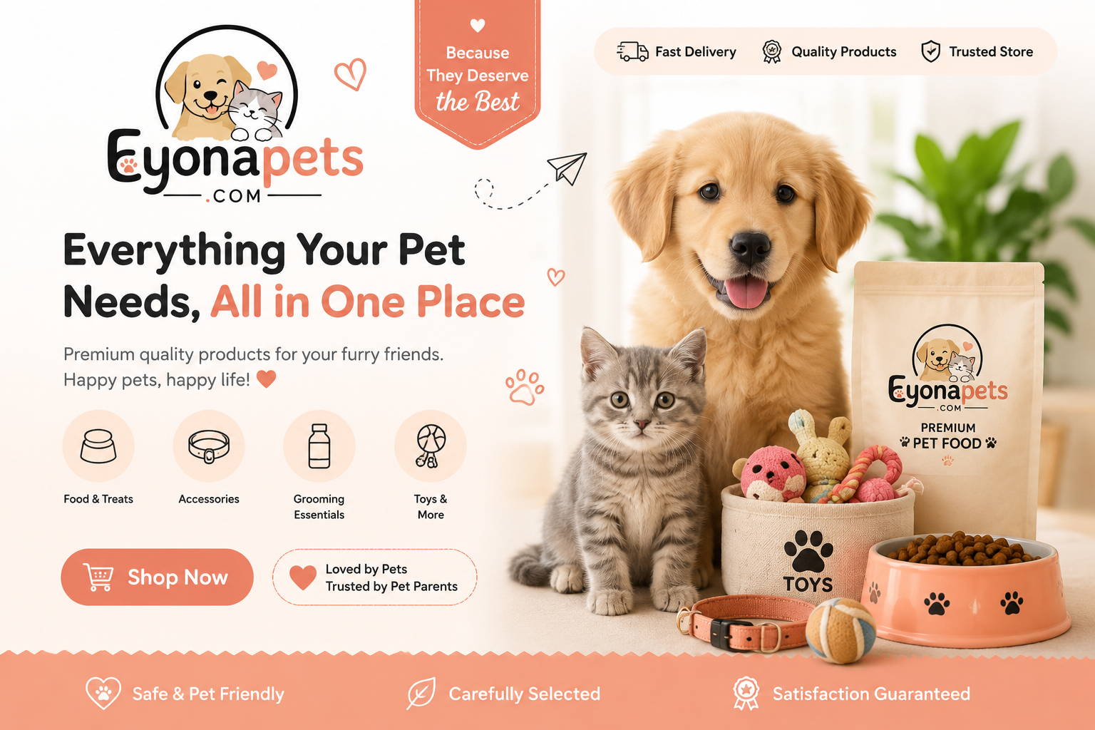 Promotional banner for EyonaPets.com featuring a golden retriever and a gray cat beside pet food, toys, and accessories.