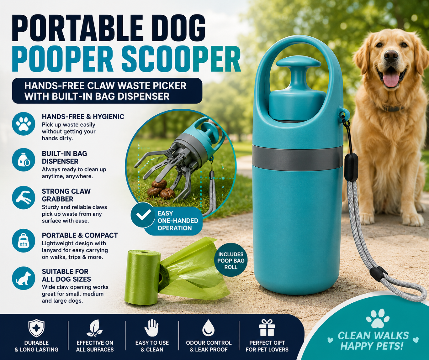 Portable Dog Pooper Scooper Claw Waste Picker with Built-In Bag Dispenser