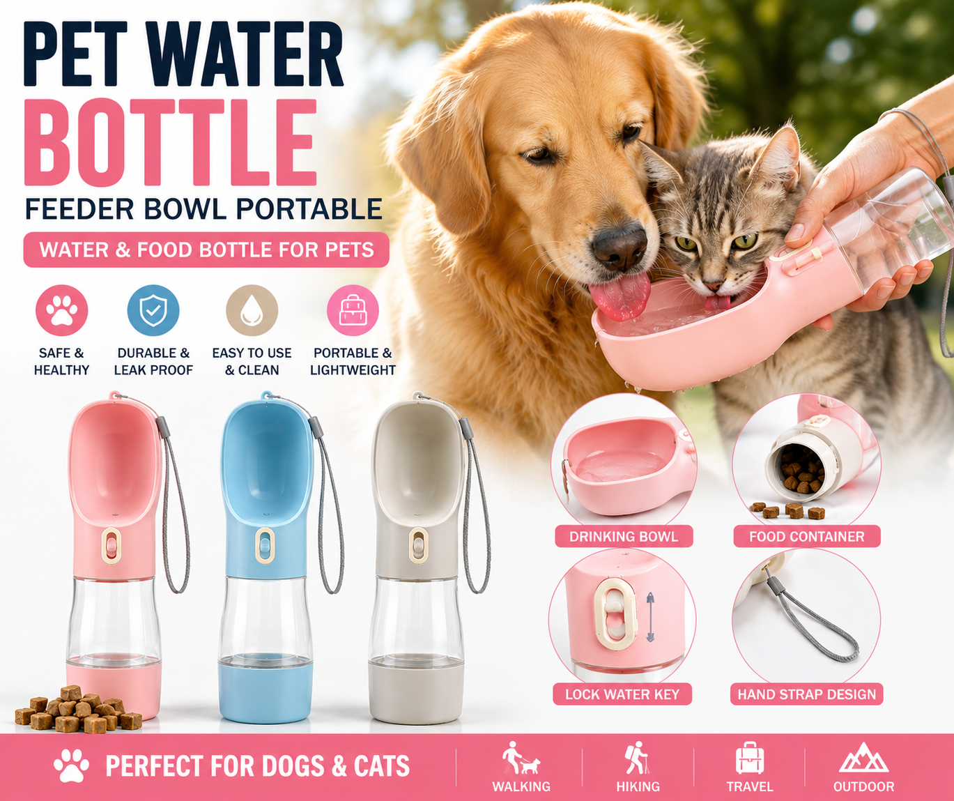 Portable Pet Water Bottle Travel Food & Water Feeder