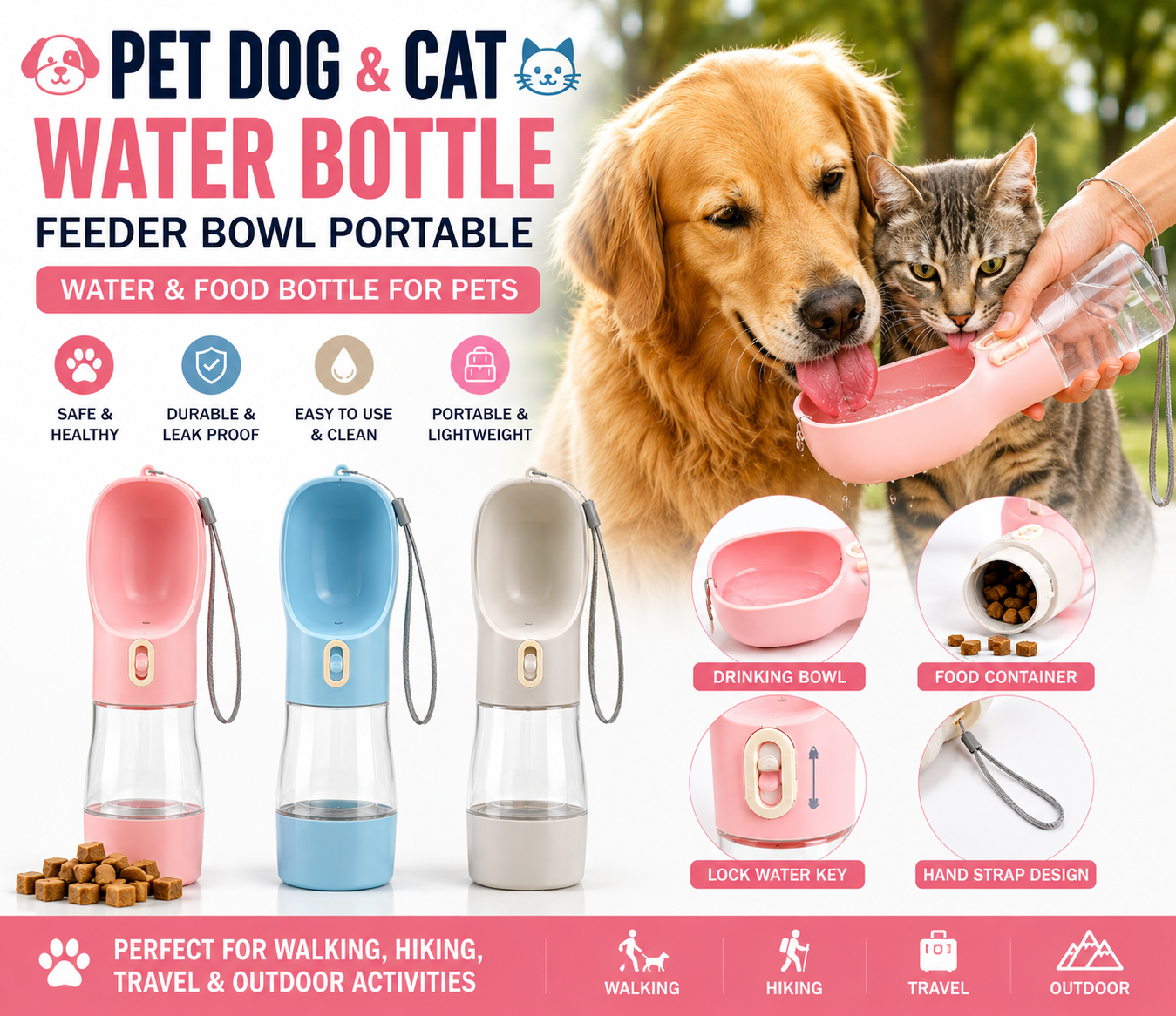 Portable Pet Water Bottle Travel Food & Water Feeder
