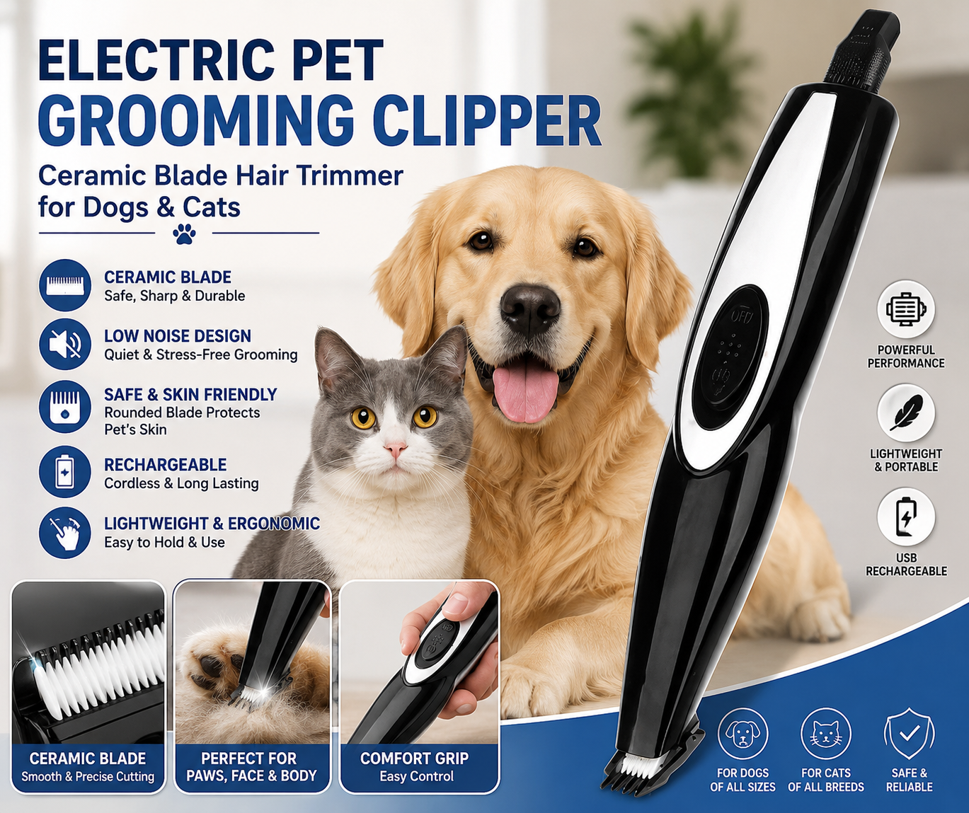 Electric Pet Grooming Clipper - Ceramic Blade Hair Trimmer for Dogs & Cats
