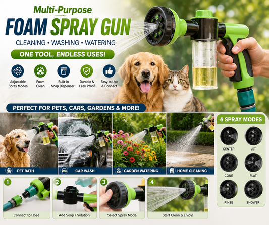 Multi-Function 8-in-1 Foam Spray Gun for Car, Pet Bath &amp; Garden Water Sprayer